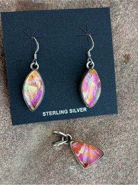 Sterling Silver Peach Iridescent Dichroic Glass Earring and Pendant Set. Boho